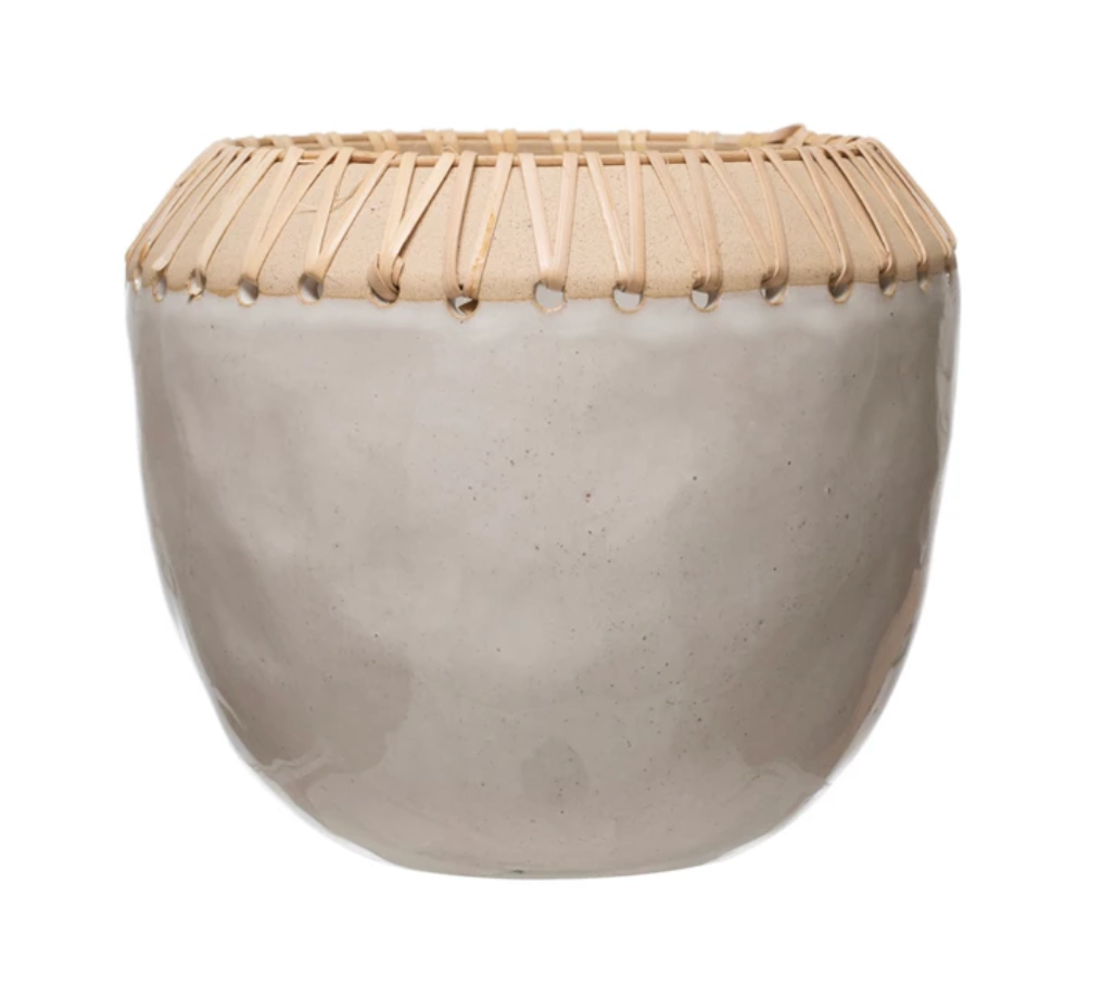 Stoneware Planter with Rattan