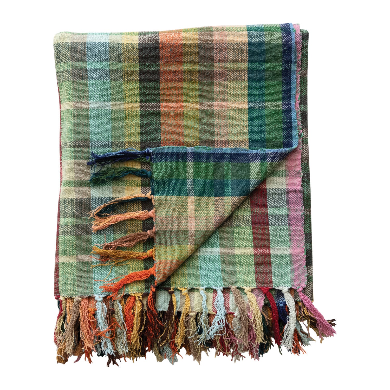 Woven Cotton Throw with Pattern & Fringe Plaid