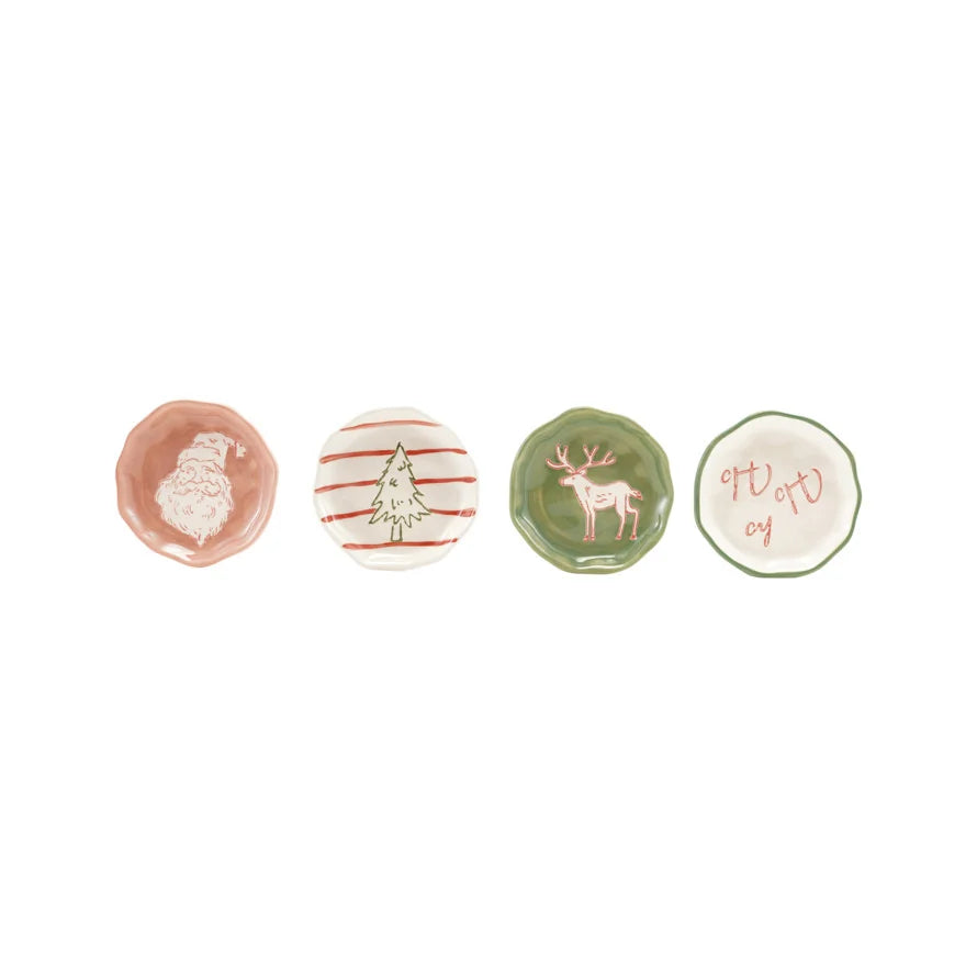 Stoneware Organic Shaped Dish with Wax Relief Holiday Image, 4 Styles