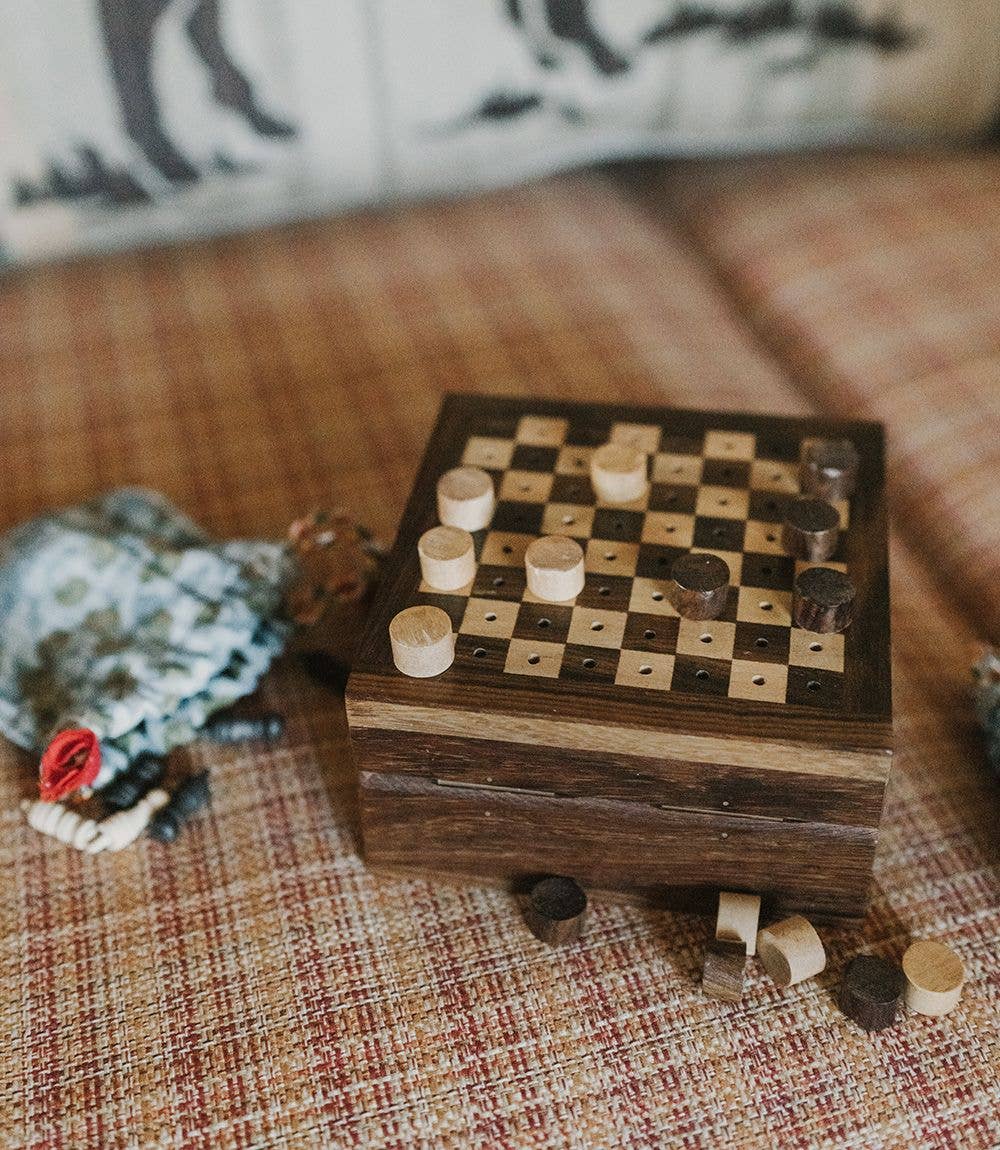 Mini Travel Chess and Checkers Game Set - Handcrafted Wood