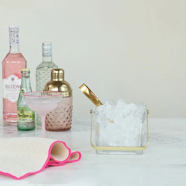 Square Textured Glass Ice Bucket with Gold Handle and Tongs