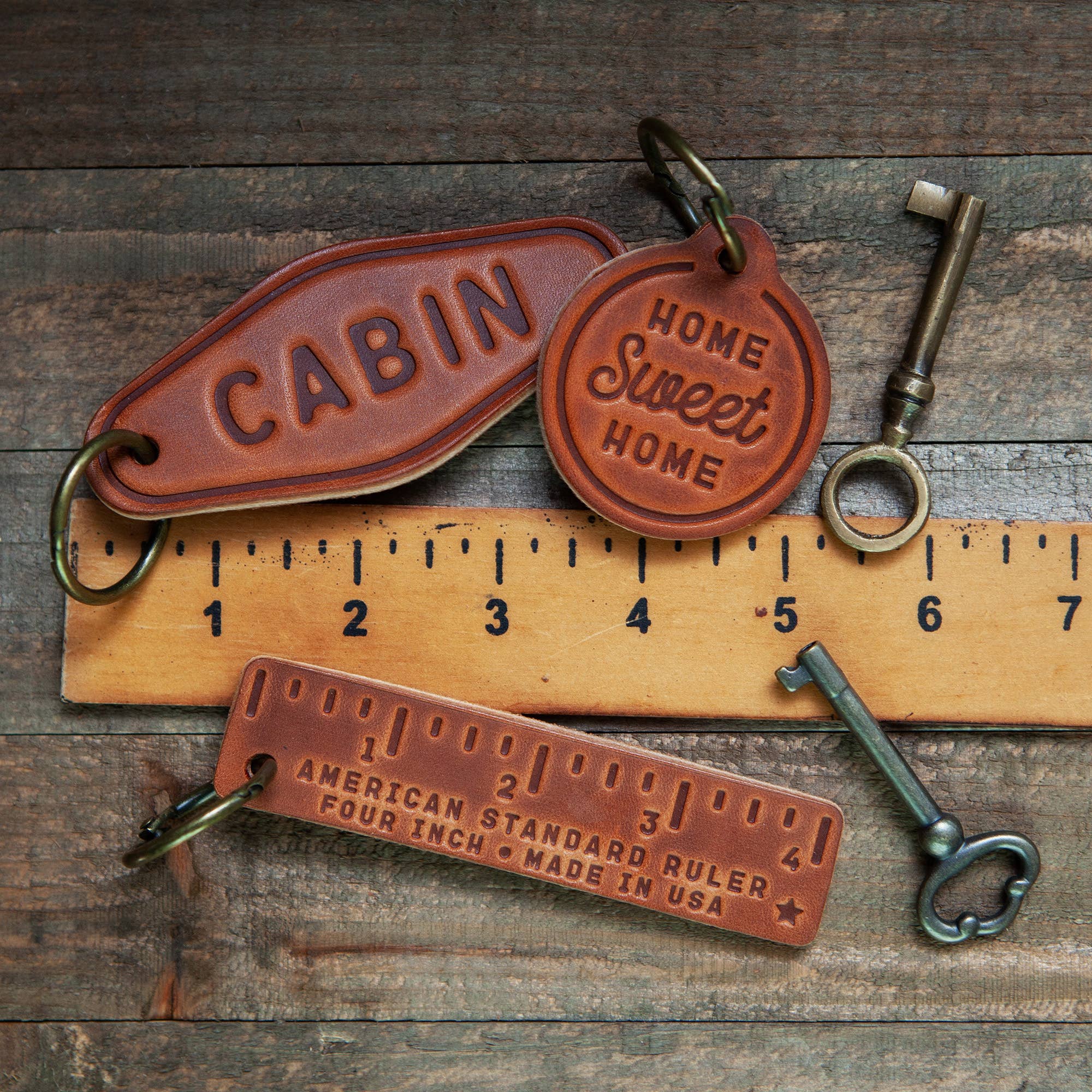 Home Script Leather Keychain Motel Style
