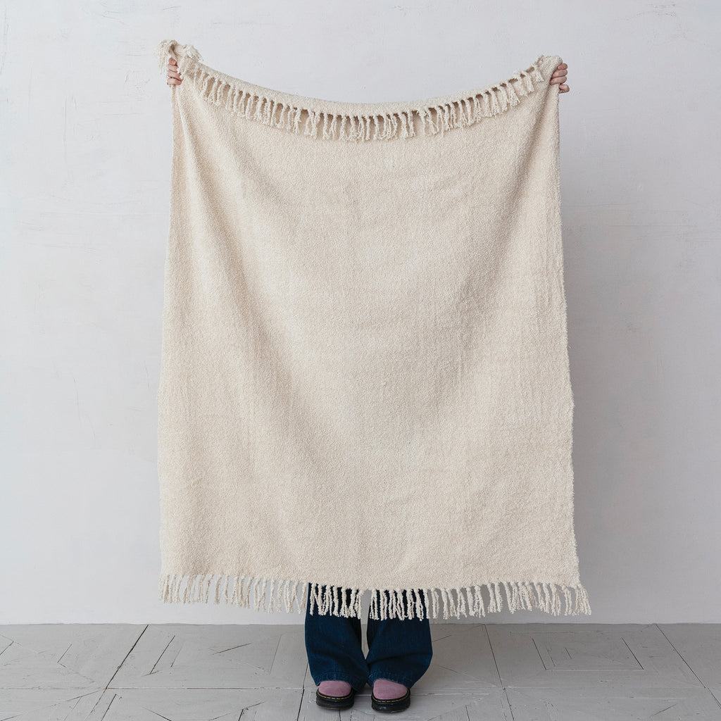Woven Cotton Chenille Throw with Fringe, Natural