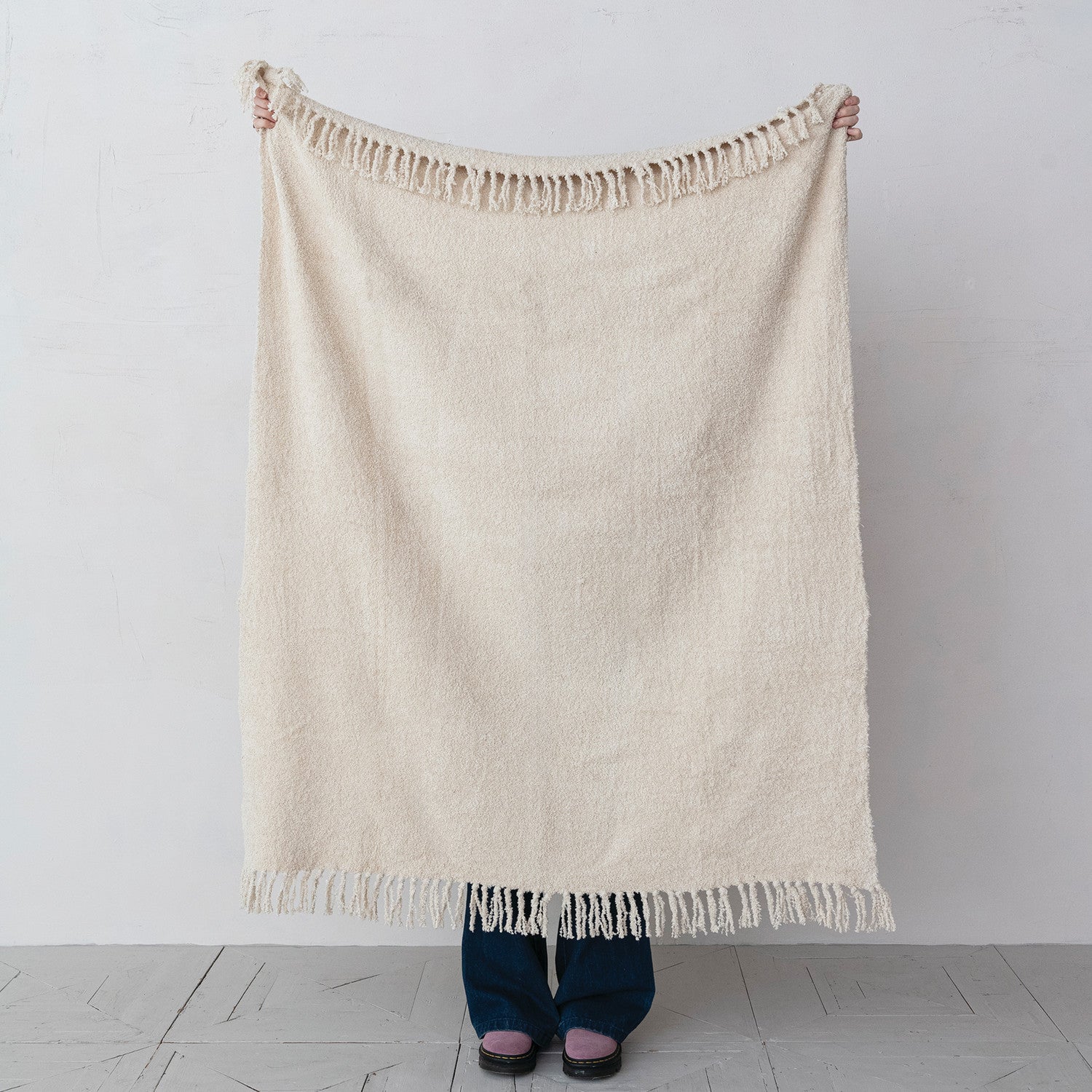 Woven Cotton Chenille Throw with Fringe, Natural