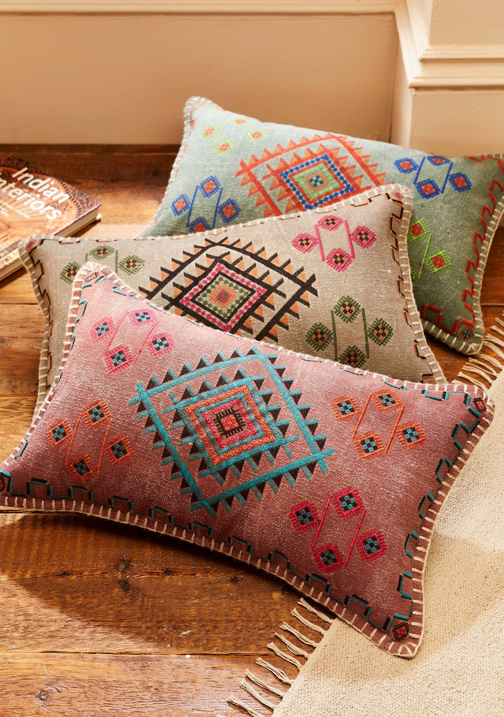 Satara Embroidered Stone Wash Lumbar Pillow