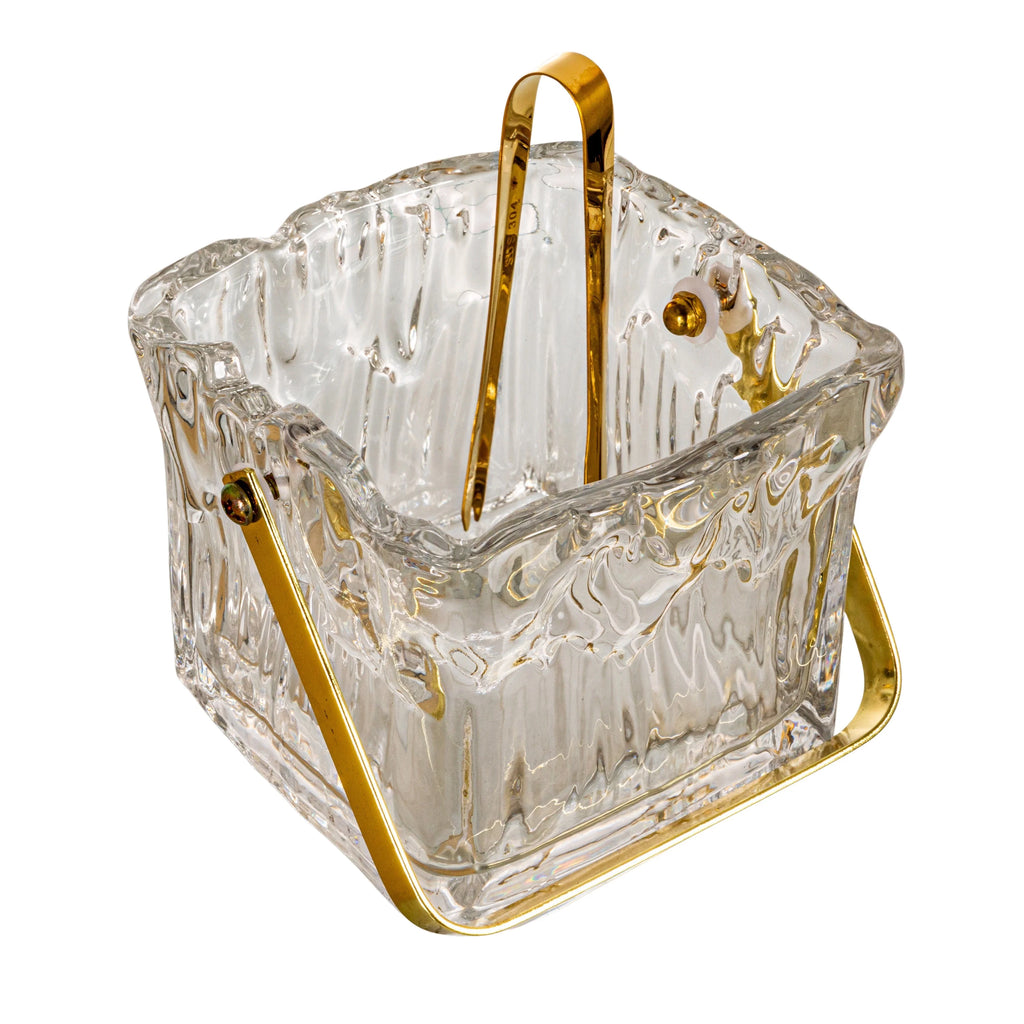 Square Textured Glass Ice Bucket with Gold Handle and Tongs
