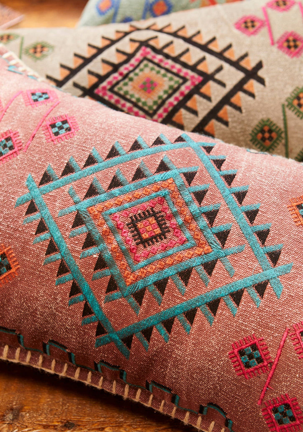 Satara Embroidered Stone Wash Lumbar Pillow