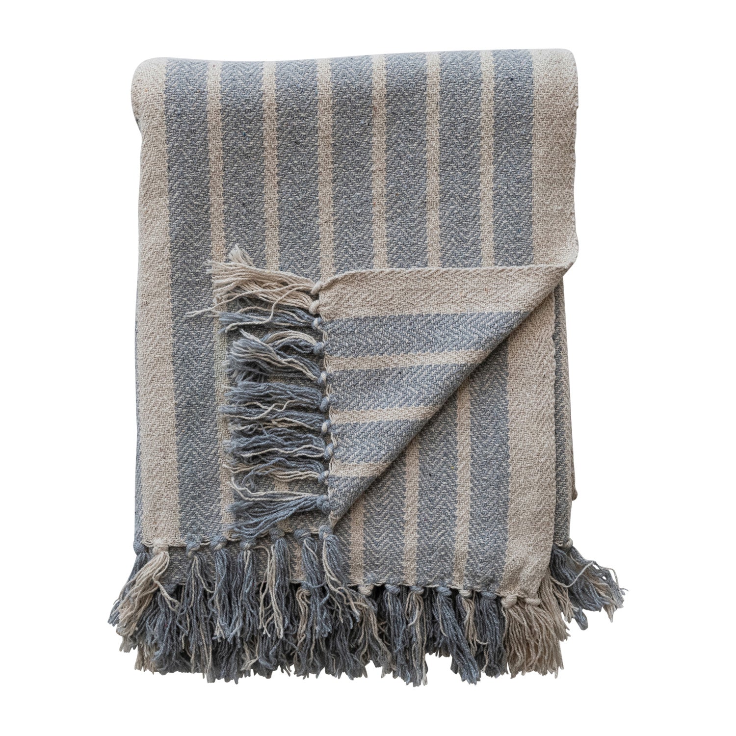 Woven Recycled Cotton Blend Throw with Stripes & Fringe
