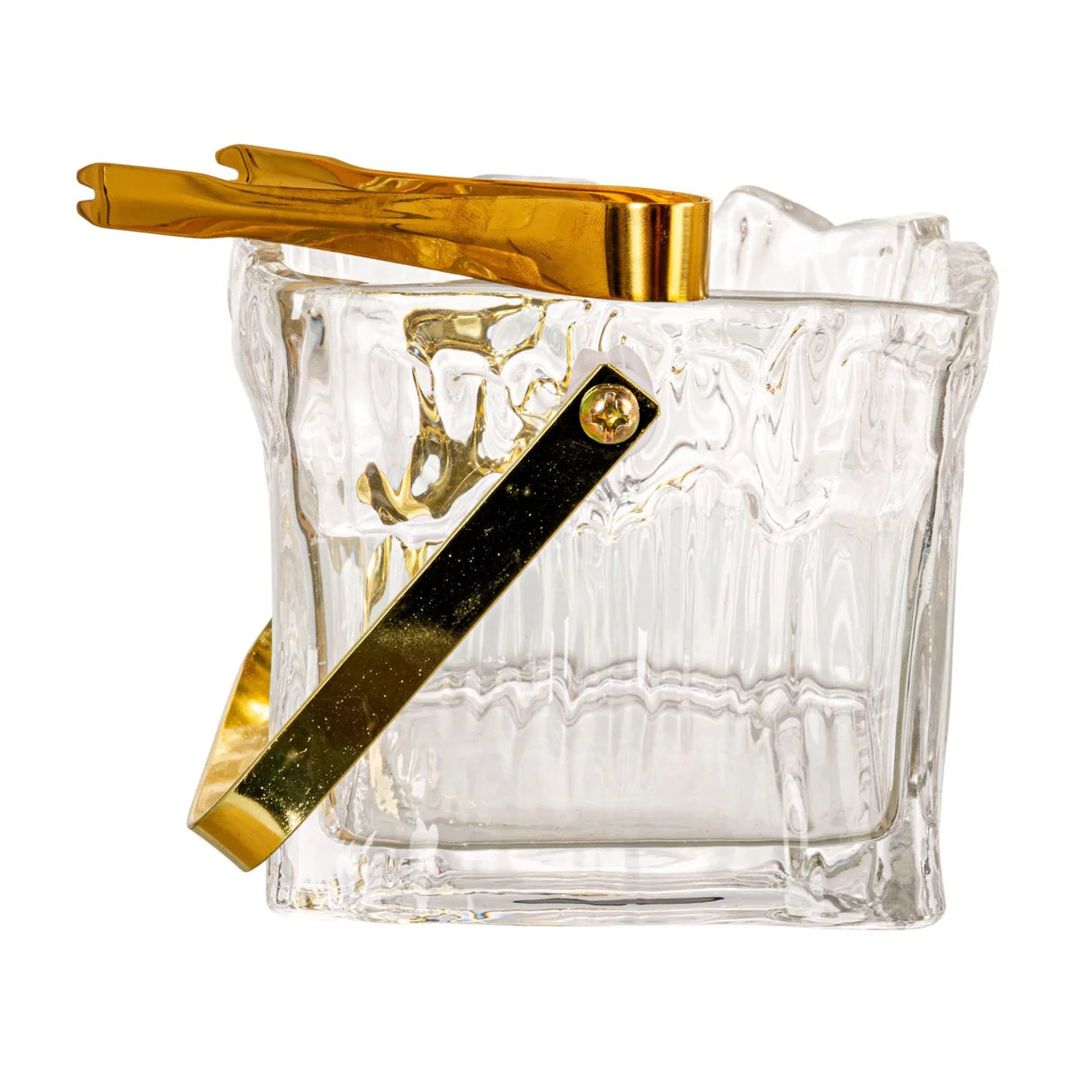 Square Textured Glass Ice Bucket with Gold Handle and Tongs