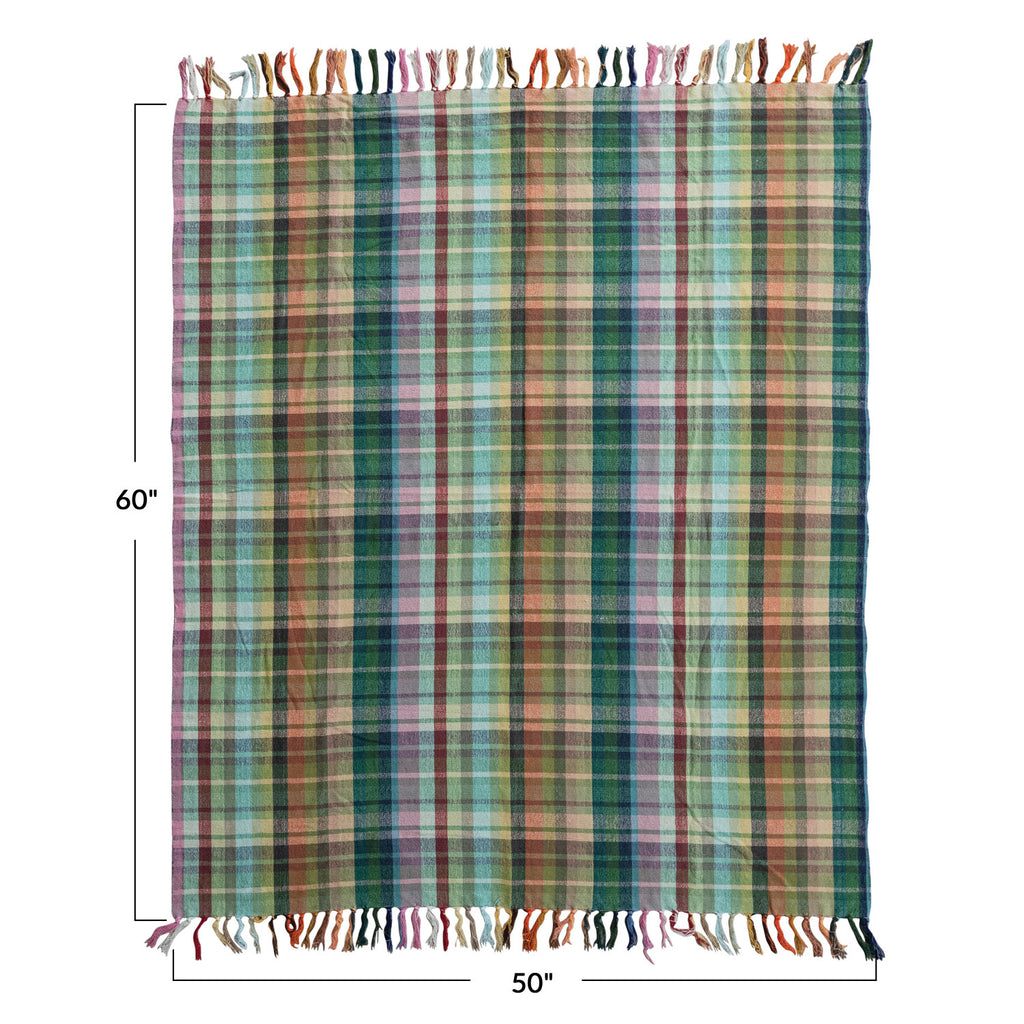 Woven Cotton Throw with Pattern & Fringe Plaid