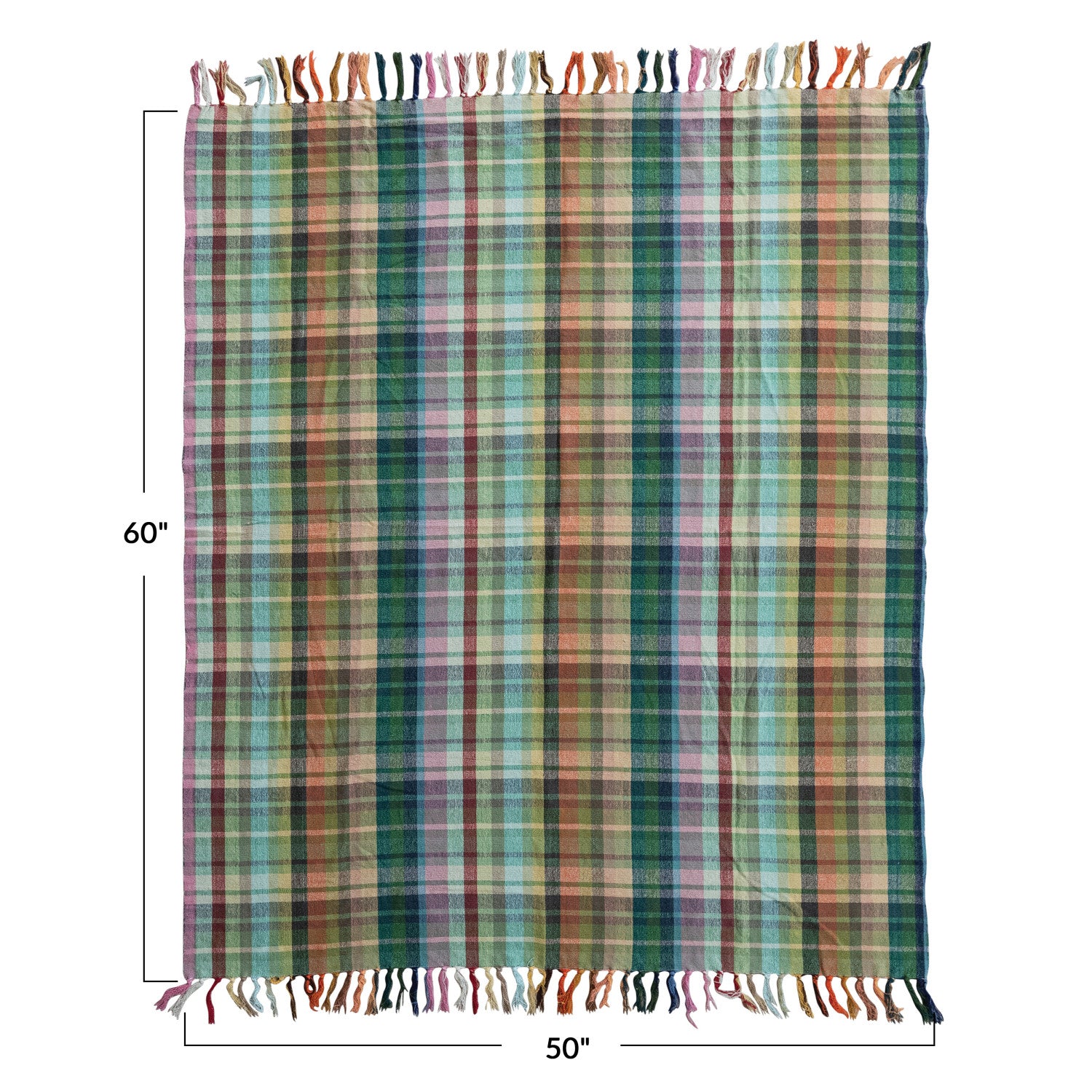 Woven Cotton Throw with Pattern & Fringe Plaid