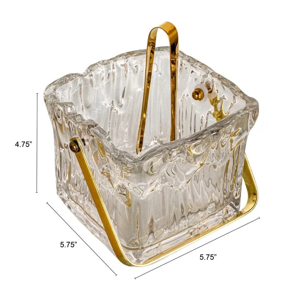 Square Textured Glass Ice Bucket with Gold Handle and Tongs