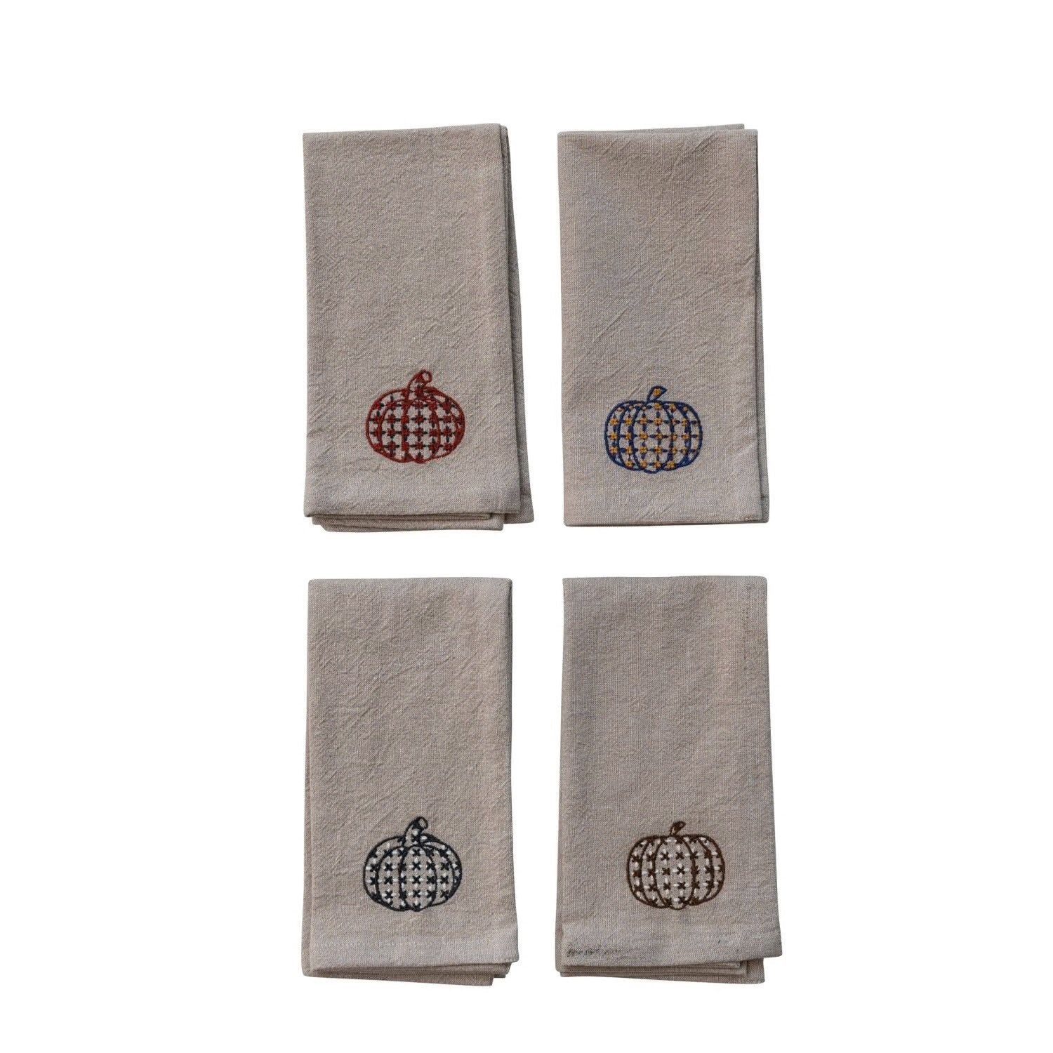 Woven Cotton Chambray Napkins w Embroidered Pumpkins, Set of 4