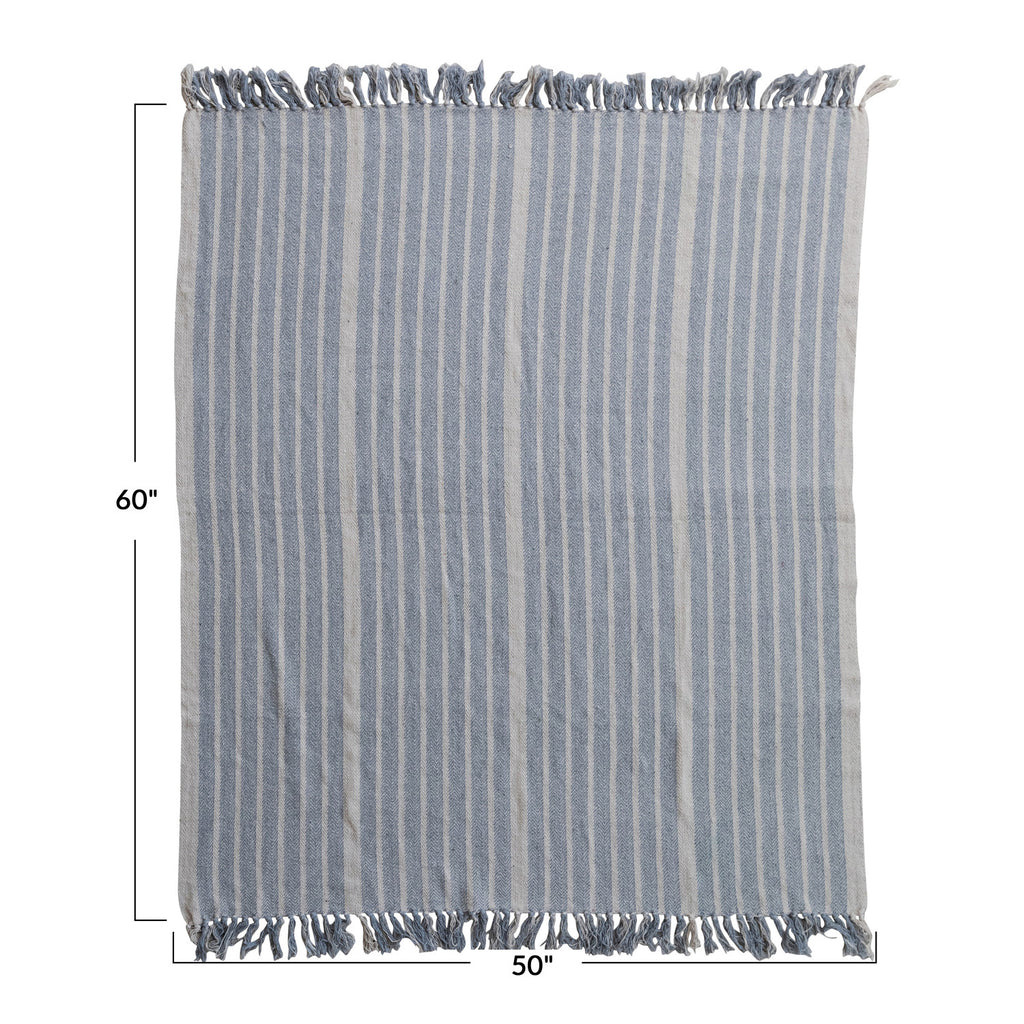 Woven Recycled Cotton Blend Throw with Stripes & Fringe
