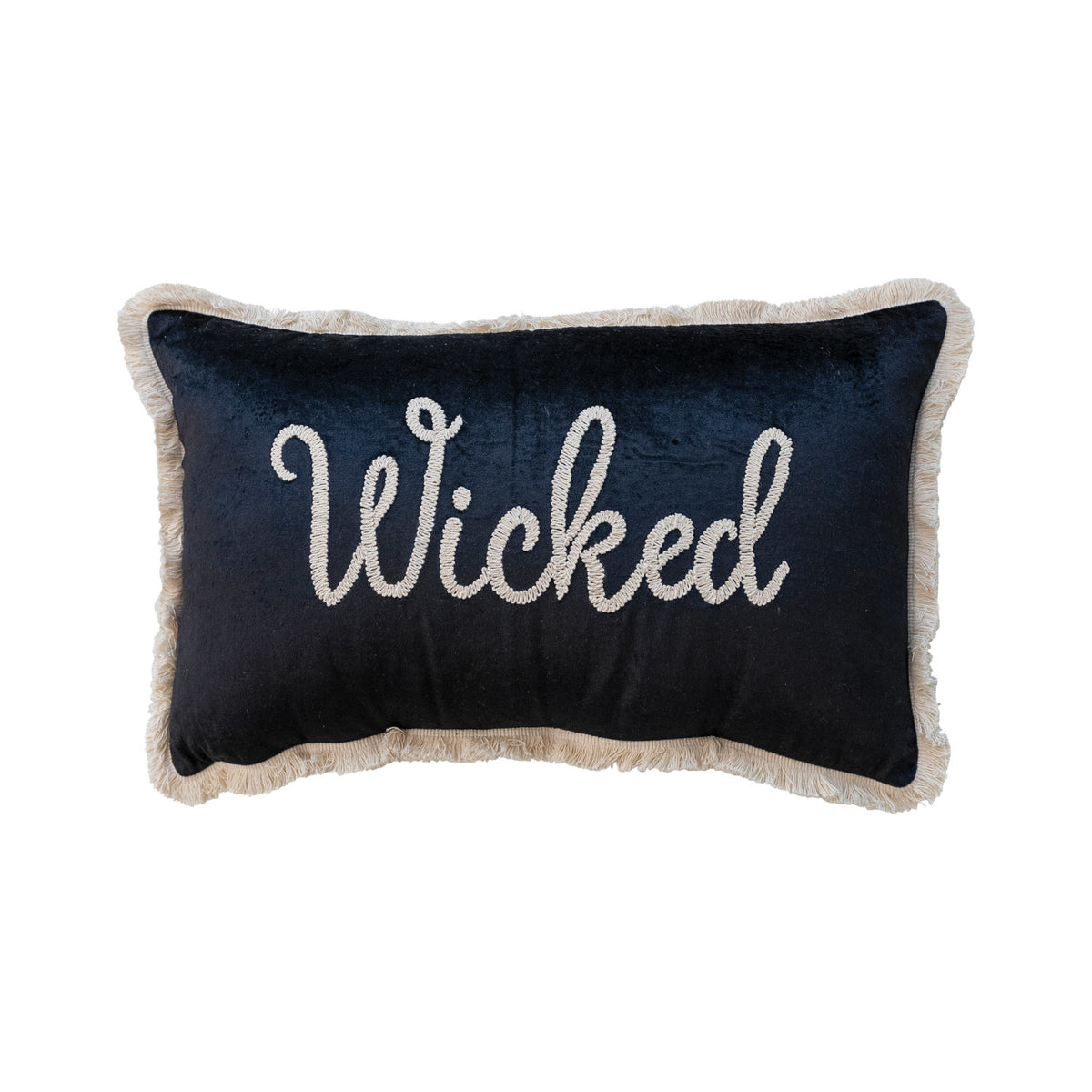 “Wicked” Cotton Velvet Lumbar Pillow with Embroidery & Fringe