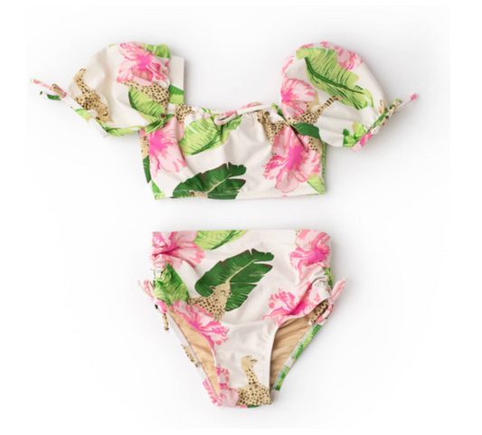 High Waist Cinched Bikini - Botanical Leopard