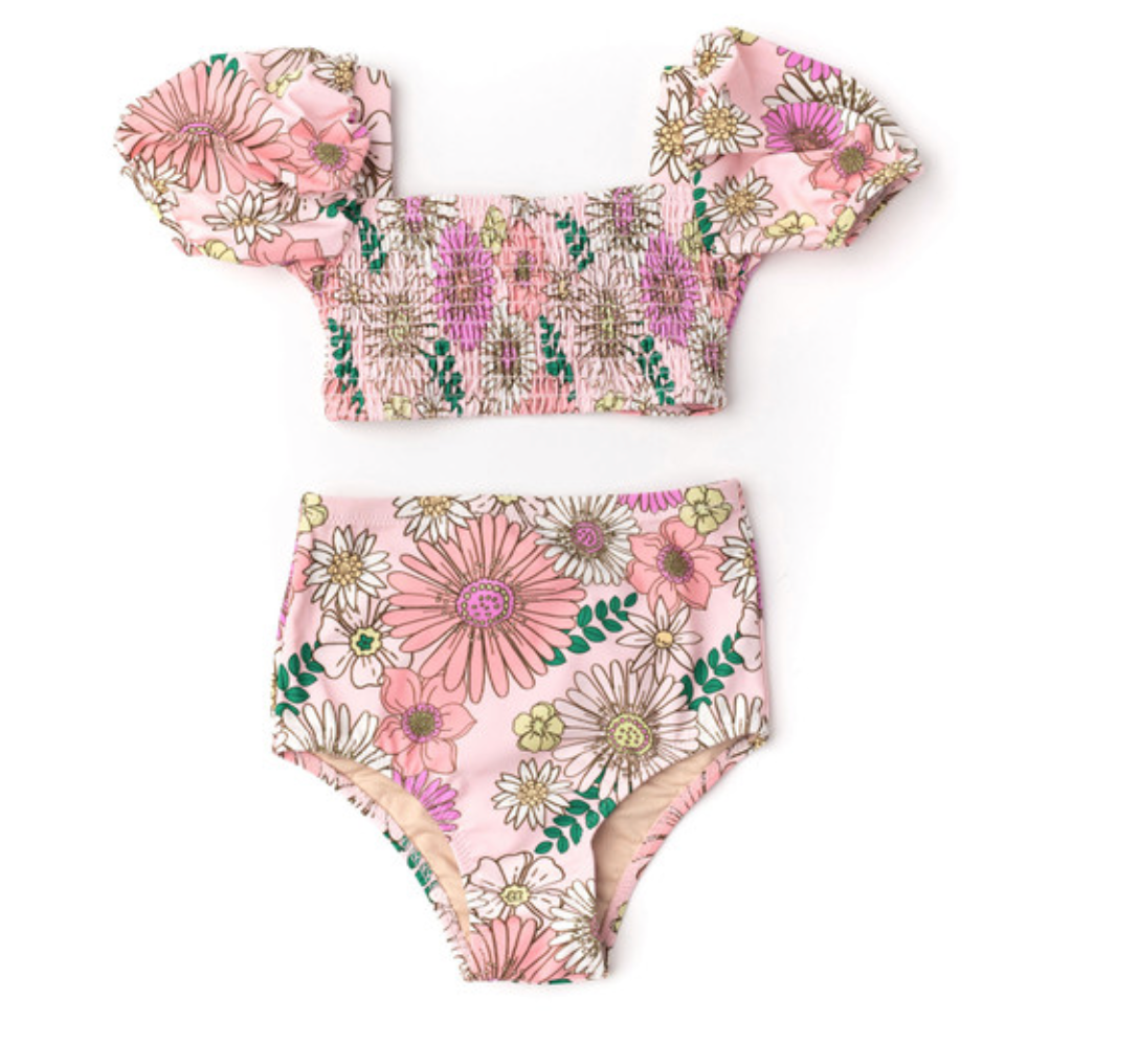 High Waist Smocked Bikini - Retro Blossom