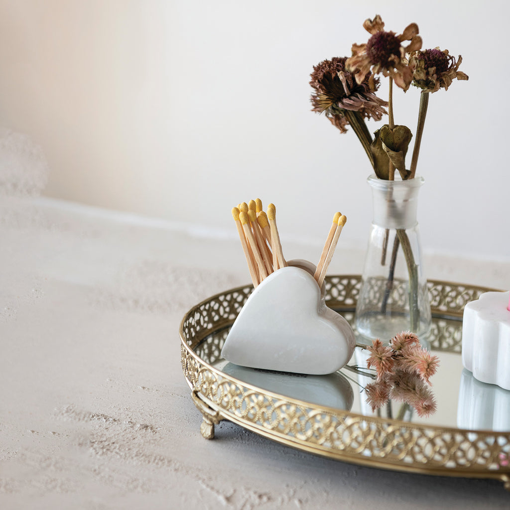 Stoneware Heart Shaped Match Holder with Striker
