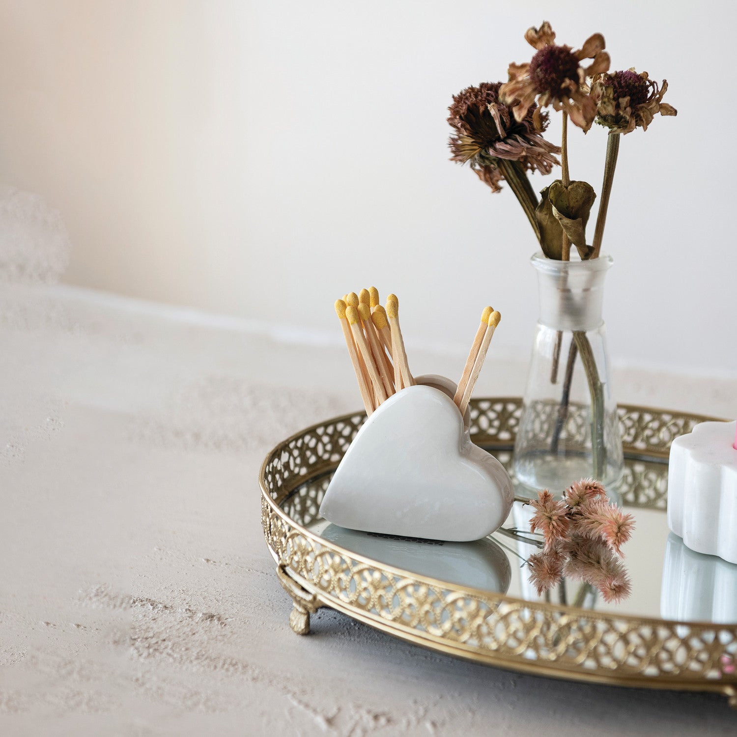 Stoneware Heart Shaped Match Holder with Striker