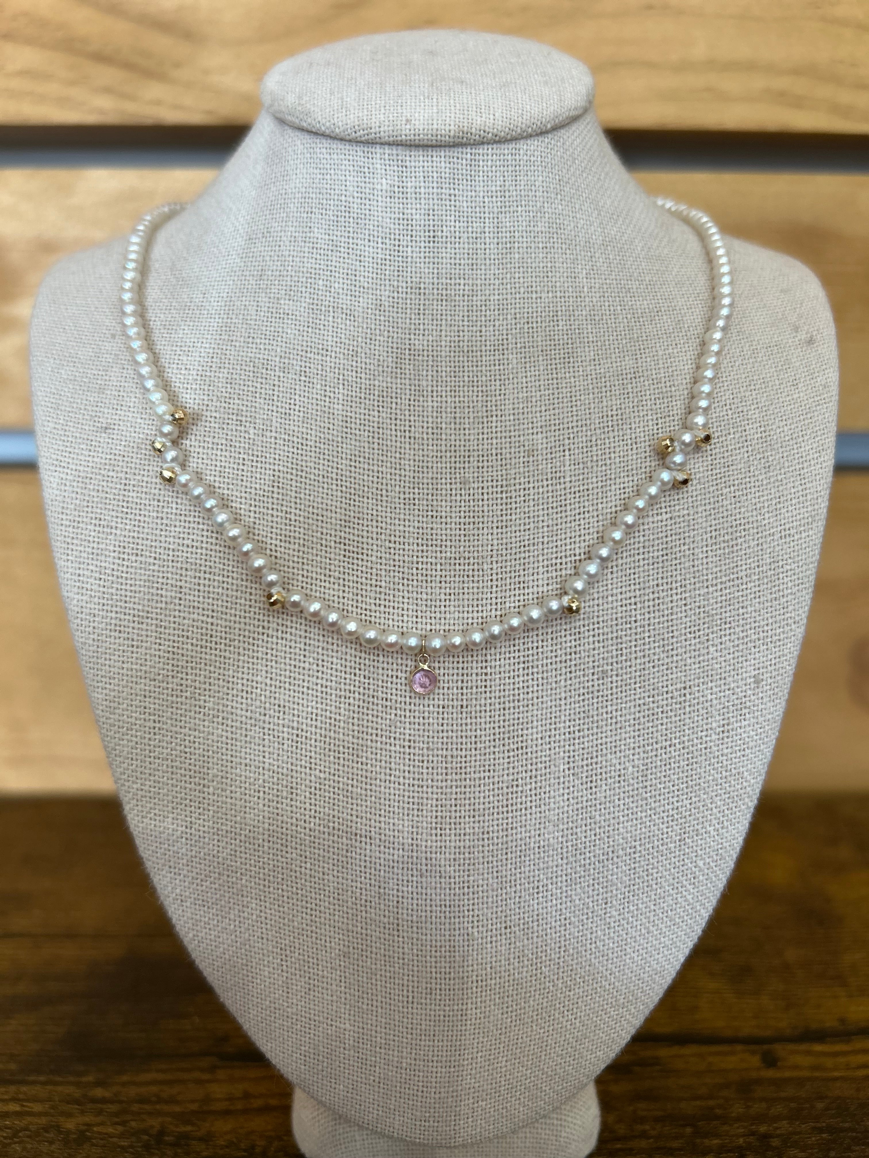 Freshwater Pearl Necklace with 14K Beads and Stone