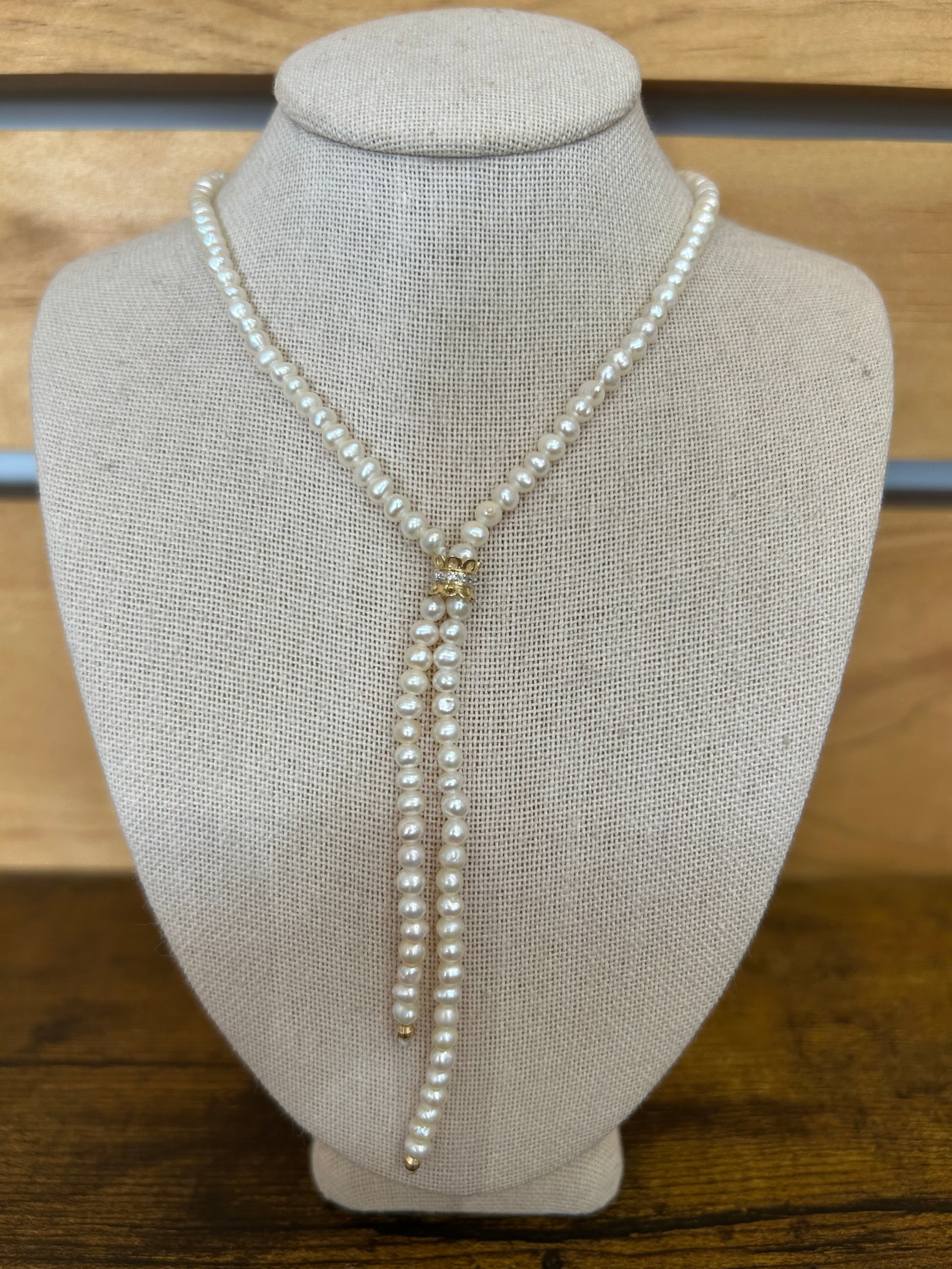 14K Lasso Necklace with Freshwater Pearls and Diamonds