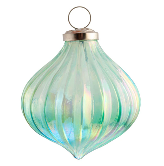 Fluted Drop Glass Ornament in Iridescent Green