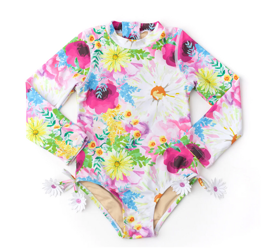Long Sleeve One Piece Swimsuit in Watercolor Floral