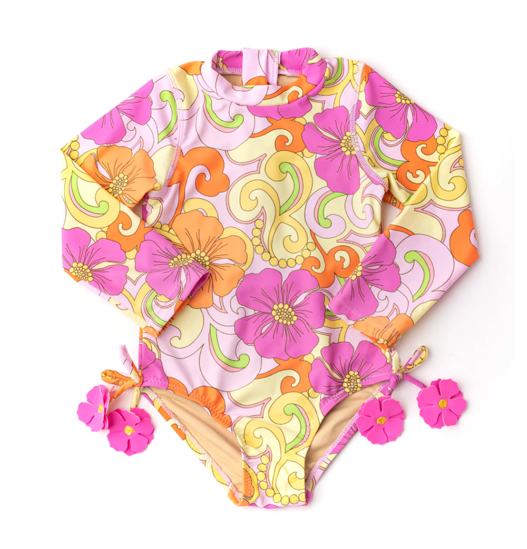 Long Sleeve One Piece Swimsuit in Groovy Blooms