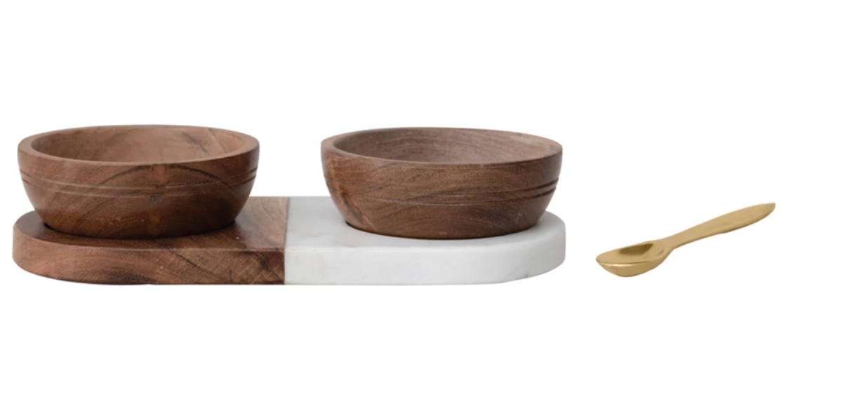 Acacia Wood & Marble Tray w/ 2 Acacia Wood Bowls & Brass Spoon