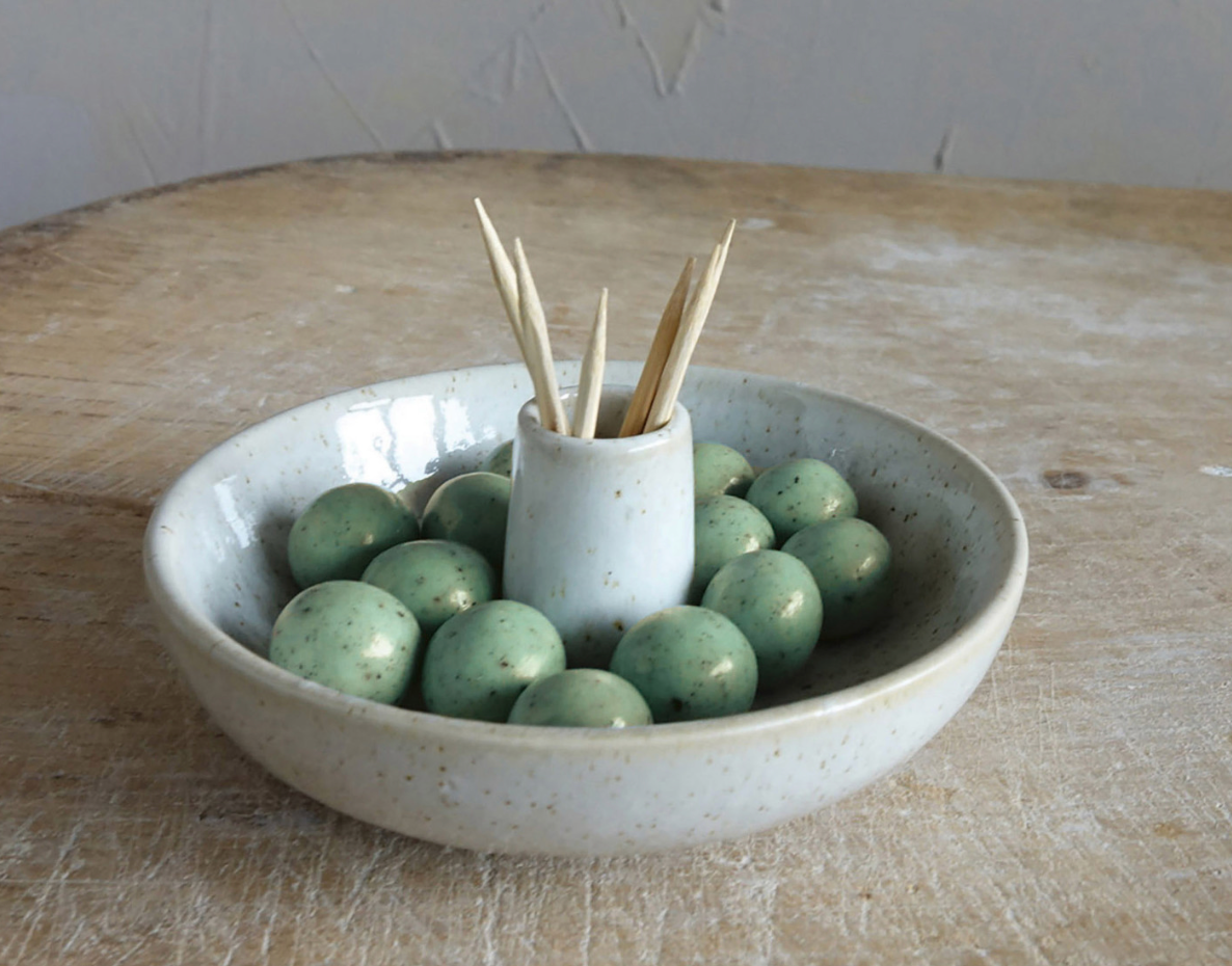 Stoneware Dish with Toothpick Holder