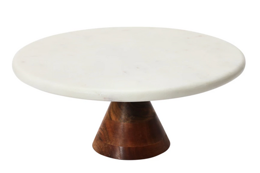 Marble Pedestal with Acacia Wood Base