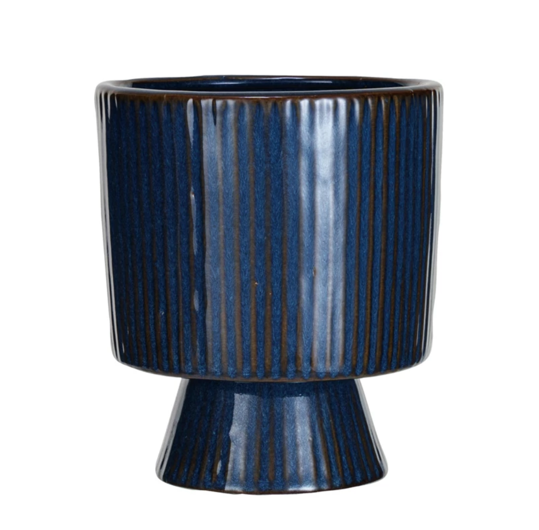 Stoneware Blue Fluted Footed Planter