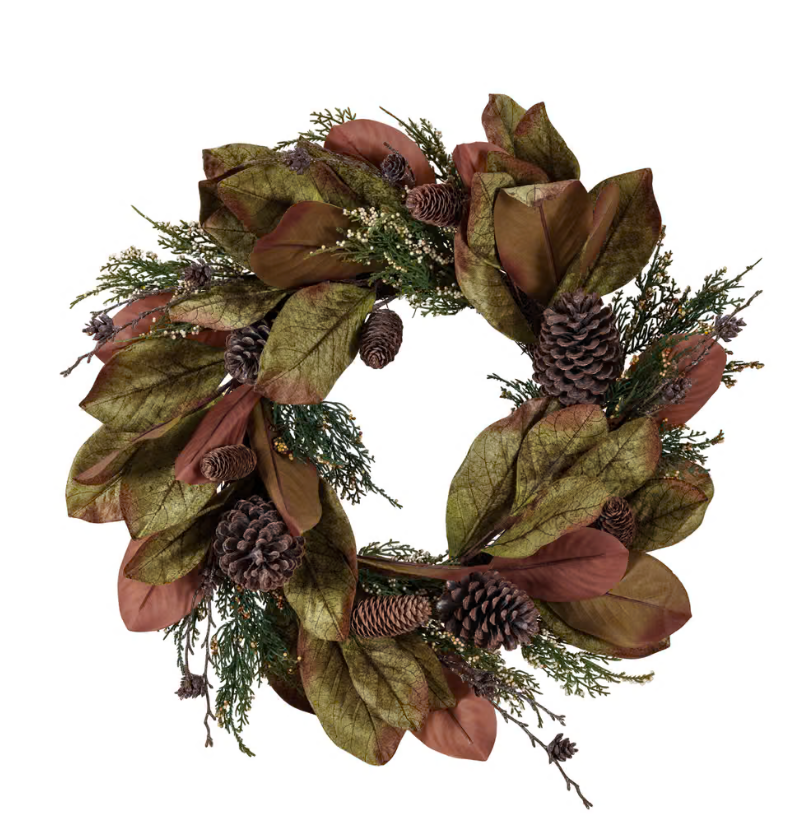 Faux Magnolia & Juniper Wreath w/ Pinecones