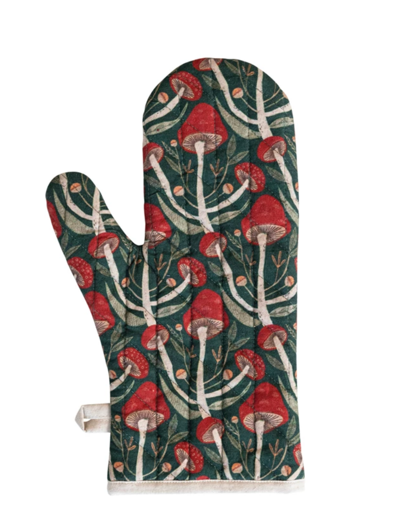 Quilted Cotton Oven Mitt with Mushrooms