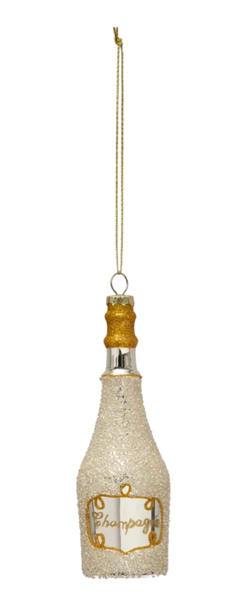 Glass Champagne Bottle Ornaments with Glitter