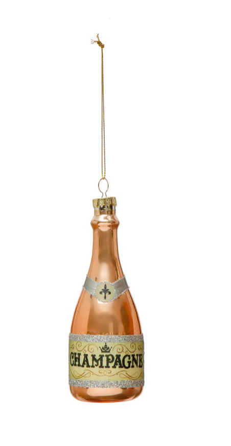 Glass Champagne Bottle Ornaments with Glitter