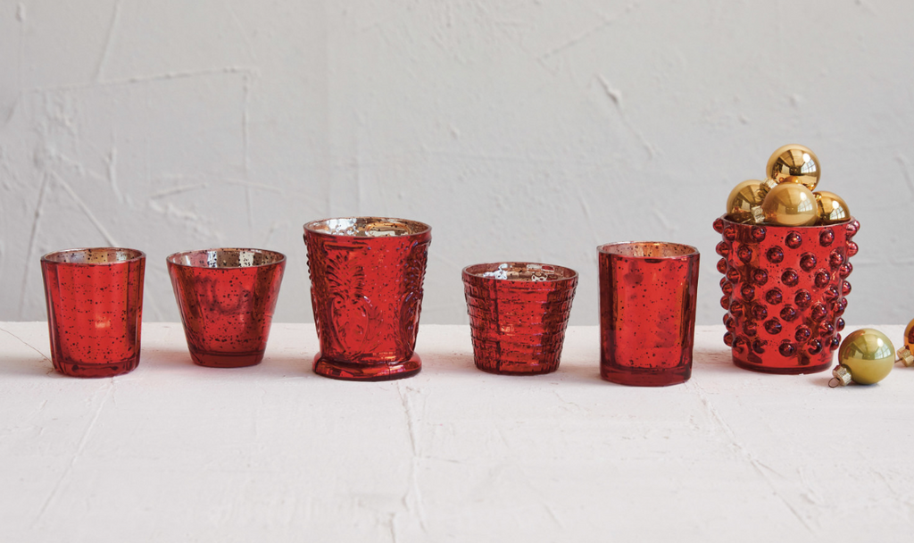 Embossed Recycled Mercury Glass Votives in Red
