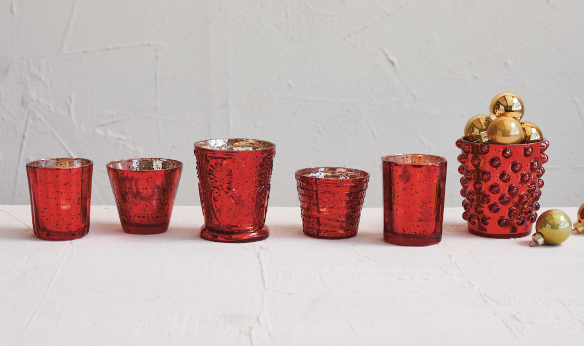 Embossed Recycled Mercury Glass Votives in Red