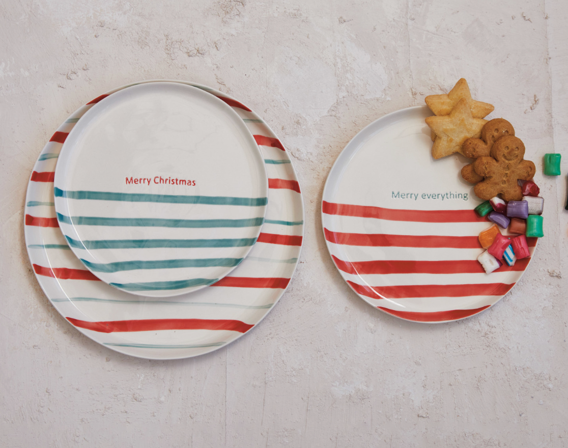 Hand-Painted Stoneware Plates with Holiday Sayings