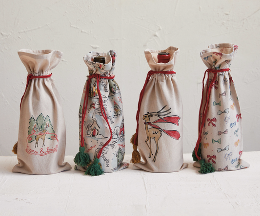 Holiday Chambray Printed Wine Bags