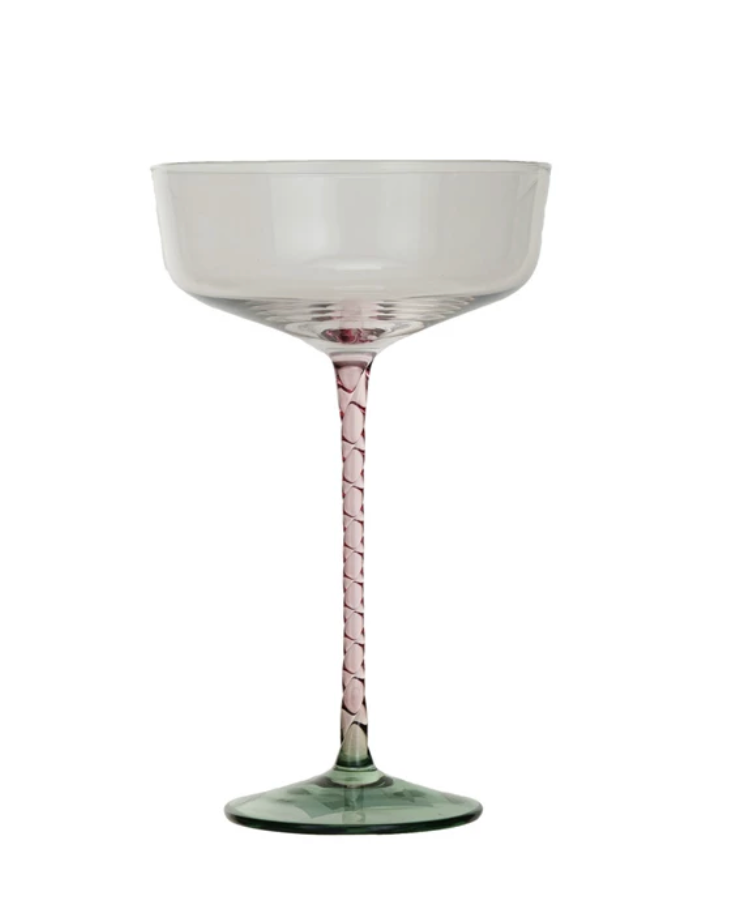 Round Stemmed Champagne Glass with Pink Stem and Green Base