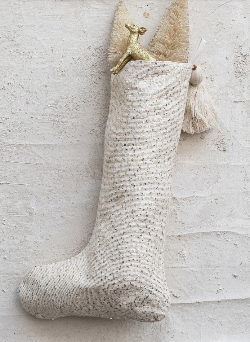 Woven Fabric Blend Stocking with Gold Sequins