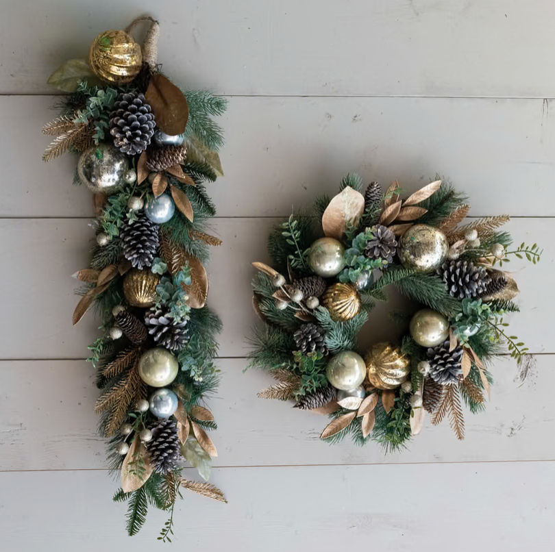 Faux Pine Foliage with Ornaments, Pinecones, + Glitter