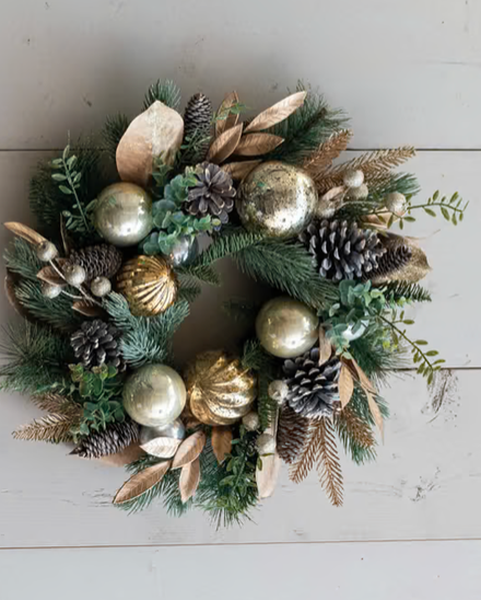 Faux Pine Foliage with Ornaments, Pinecones, + Glitter