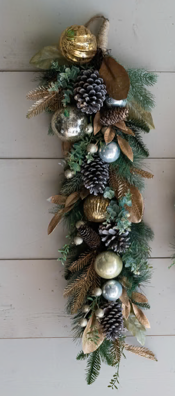 Faux Pine Foliage with Ornaments, Pinecones, + Glitter