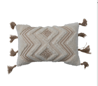 Cotton Slub Lumbar Pillow w/ Tufting, Embroidery & Jute Tassels