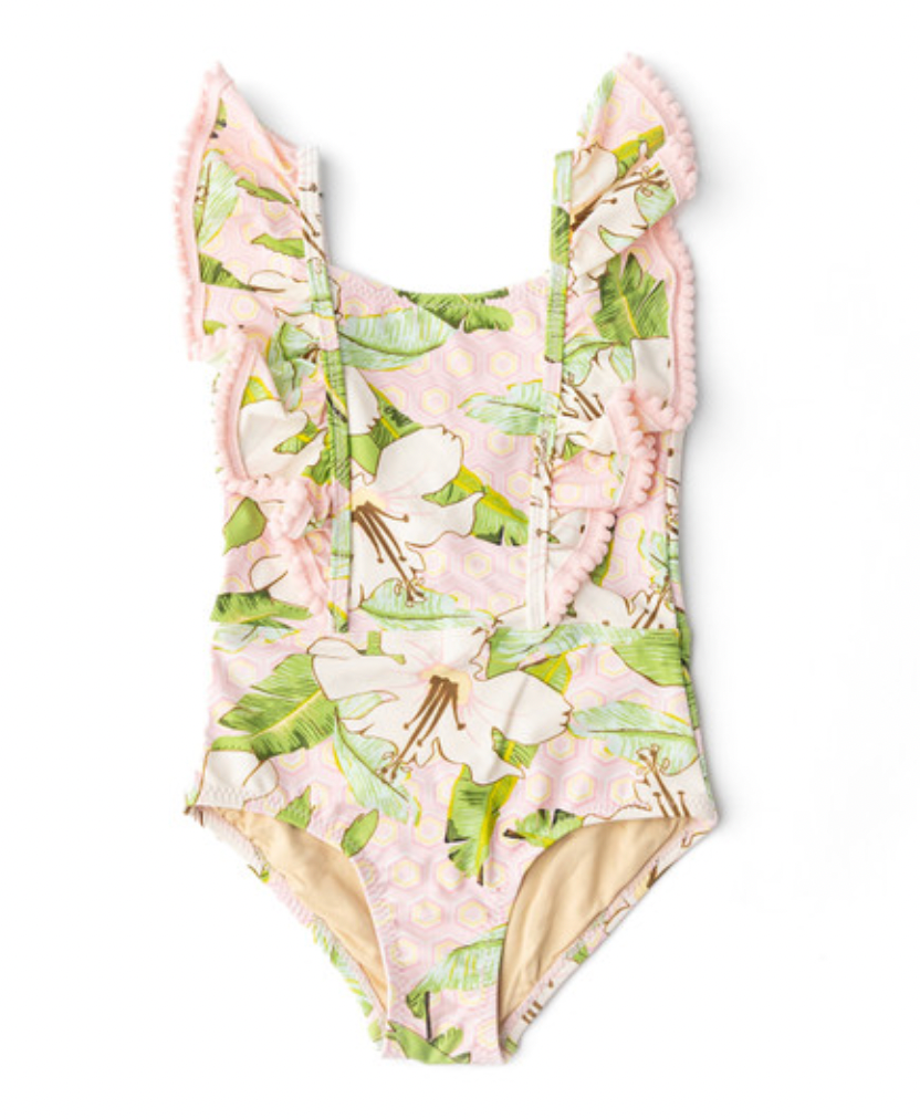 Girls Ruffle Shoulder One-Piece Swimsuit
