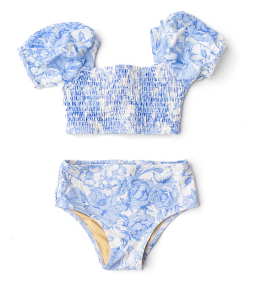 Smocked Puff Sleeve Two-Piece Swimsuit