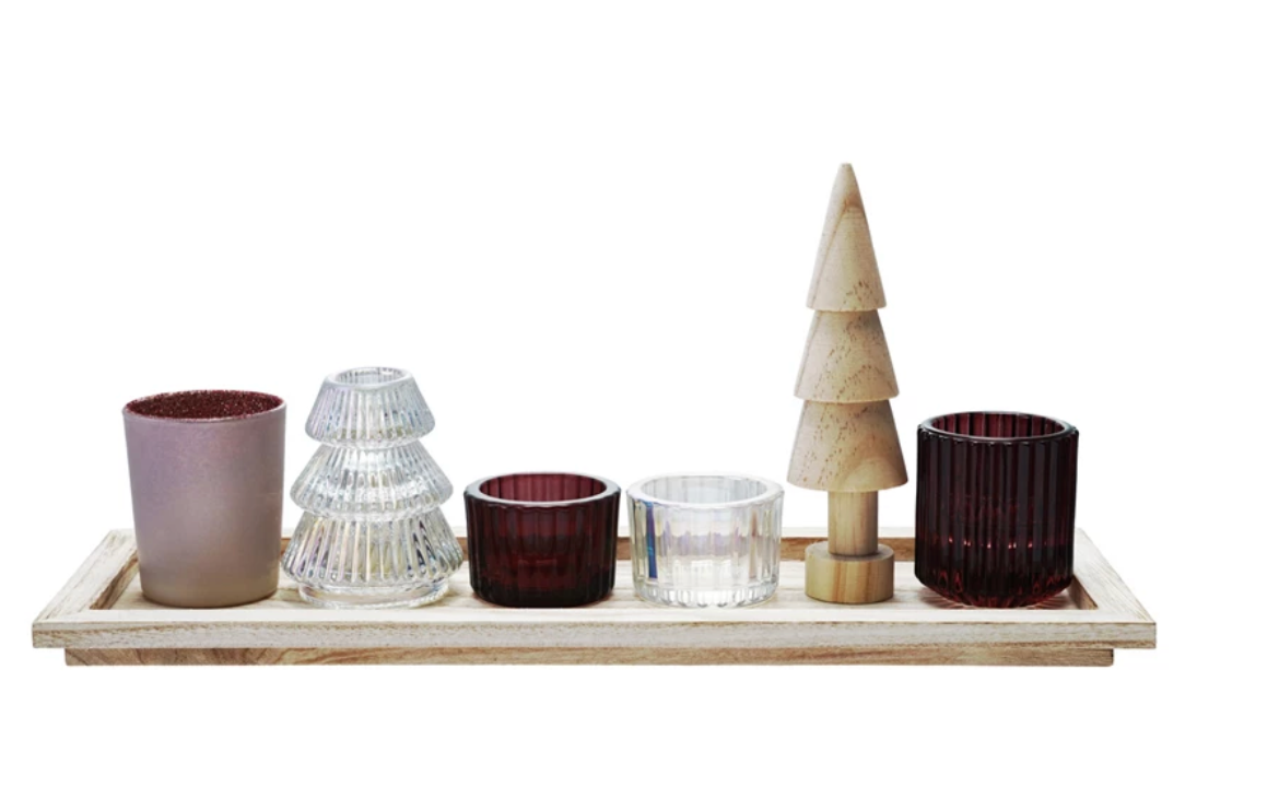 Wood Tray with Glass Votive Holders + Wood Tree