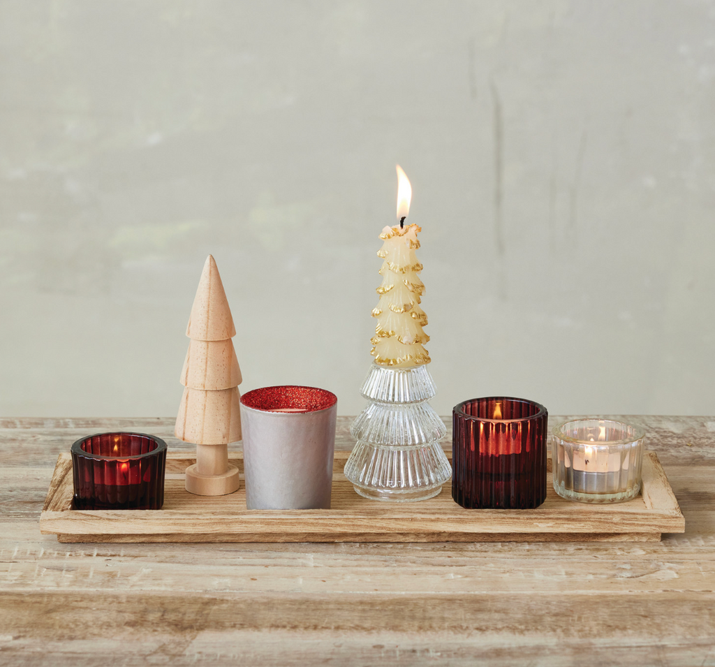Wood Tray with Glass Votive Holders + Wood Tree